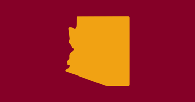 An outline of the state of Arizona using the state colors Maroon and Gold.